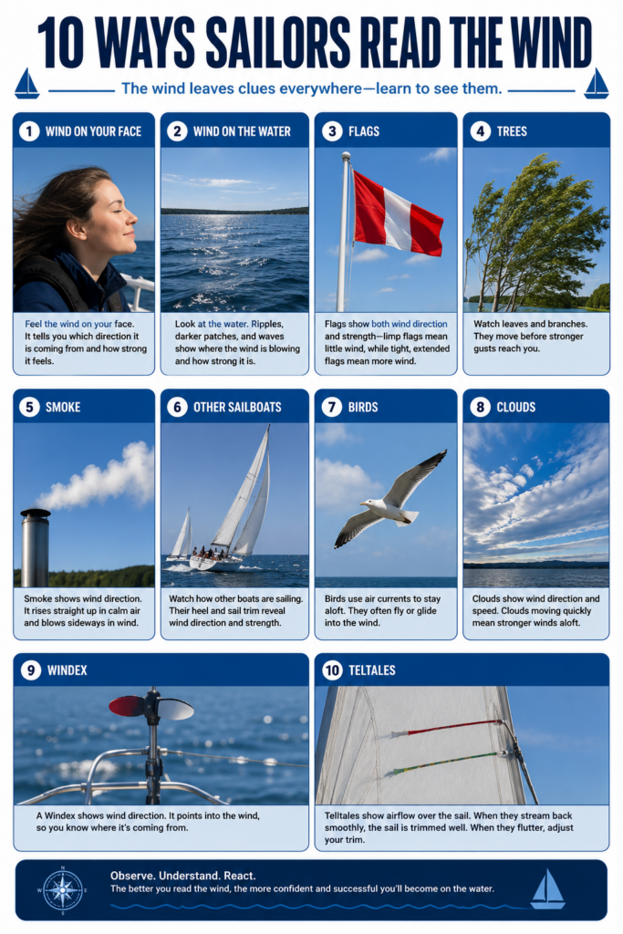 Infographic showing 10 ways sailors read the wind, including feeling wind on the face, observing water ripples, flags, trees, smoke, other sailboats, birds, clouds, a Windex, and sail telltales.