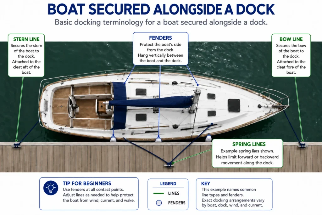 Top-down diagram of a sailboat secured alongside a dock, labelled with bow line, stern line, fenders, and two spring lines that limit forward and backward movement along the dock.