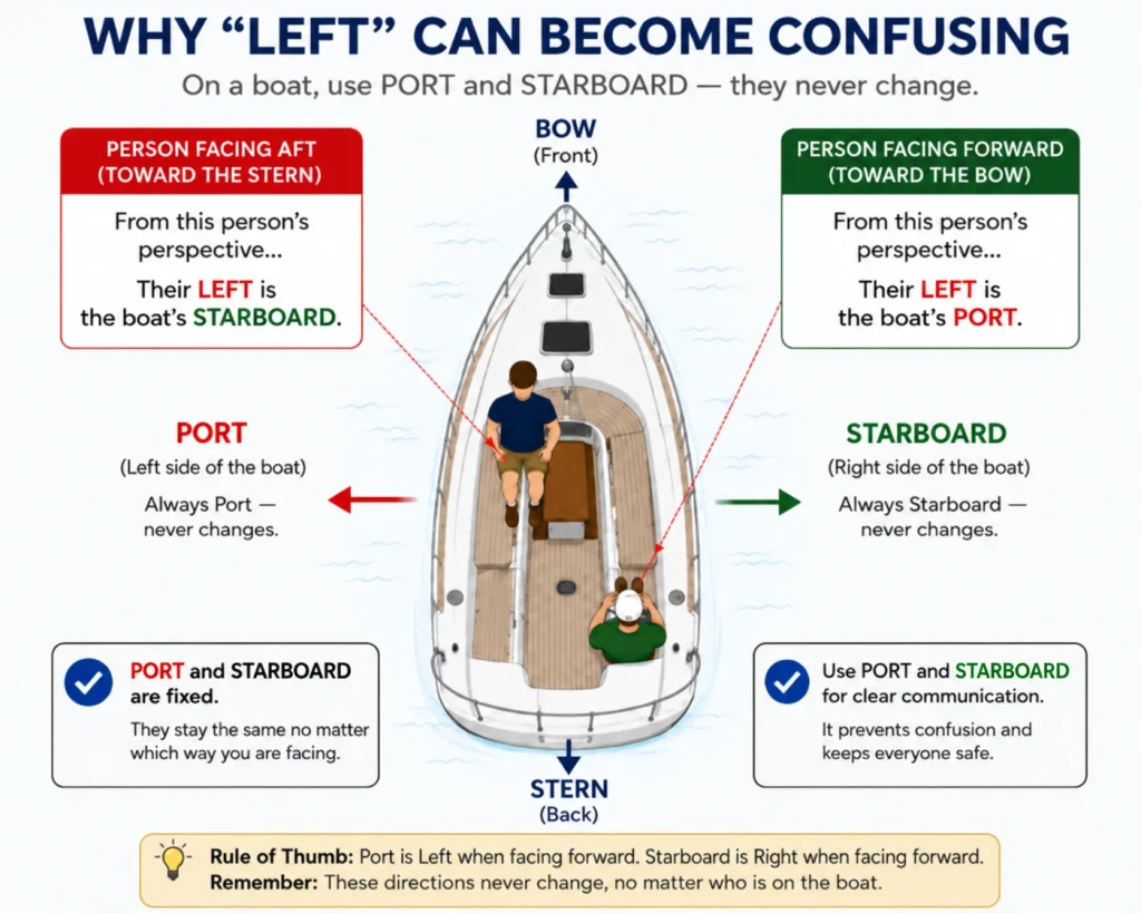 Top-down sailboat diagram showing that port is always the boat’s left side and starboard is always the boat’s right side, regardless of which direction a person is facing.