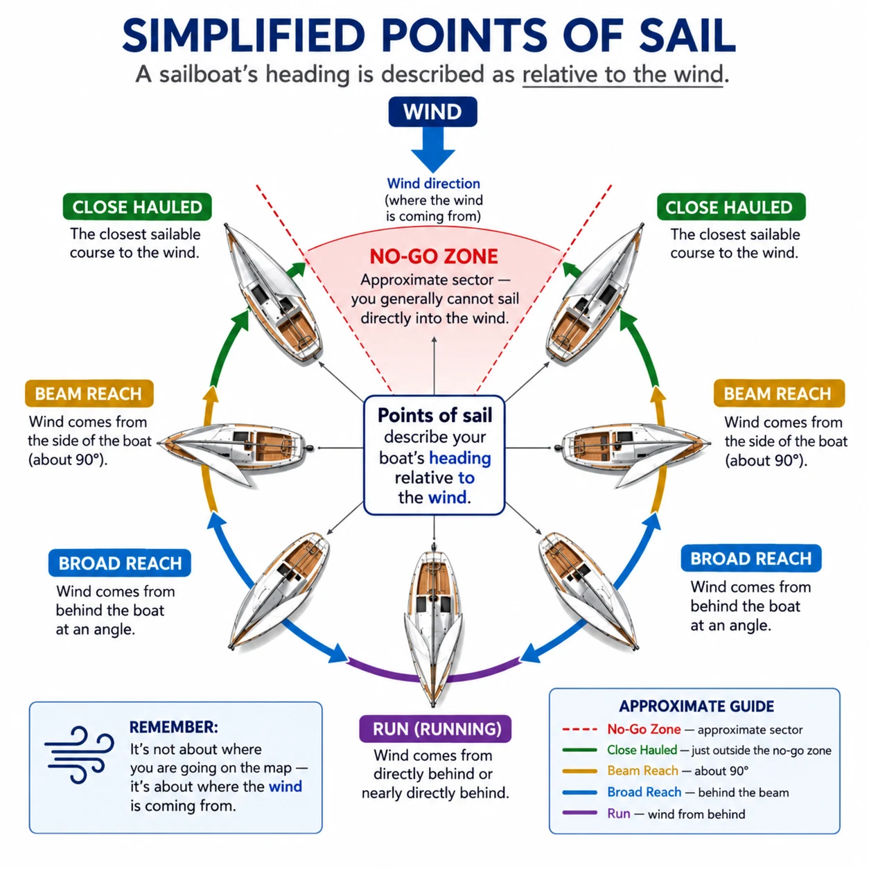 Instructional diagram showing simplified points of sail around a sailboat, with wind coming from the top, an approximate no-go zone ahead of the wind, and labelled positions for close hauled, beam reach, broad reach, and run.