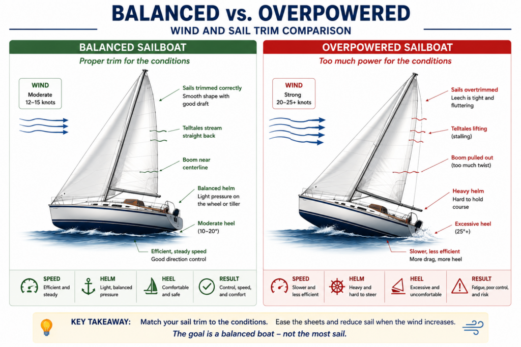 Side-by-side sailing infographic comparing a balanced sailboat and an overpowered sailboat. The diagram illustrates differences in wind strength, sail trim, telltales, helm feel, heel angle, boat speed, and overall sailing performance.