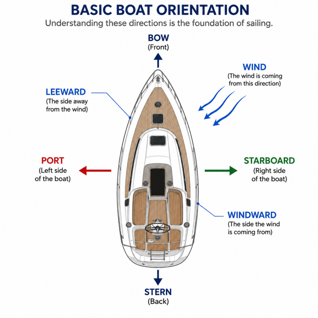 Top-down sailboat diagram labeling the bow, stern, port, starboard, windward, and leeward sides, with arrows showing wind direction to help beginners understand basic sailing orientation.