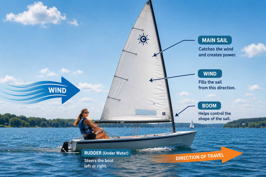 A beginner sailing a small daysailer with a mainsail under sail. To help learn how to sail a sailboat, labels have been added to identify the wind direction, mainsail, boom, rudder, and direction of travel to explain how a sailboat moves using the wind.
