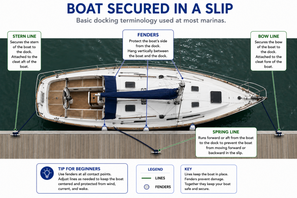 Top-down diagram of a sailboat secured alongside a dock with the bow line, stern line, spring line, and fenders clearly labelled to illustrate basic docking terminology.
