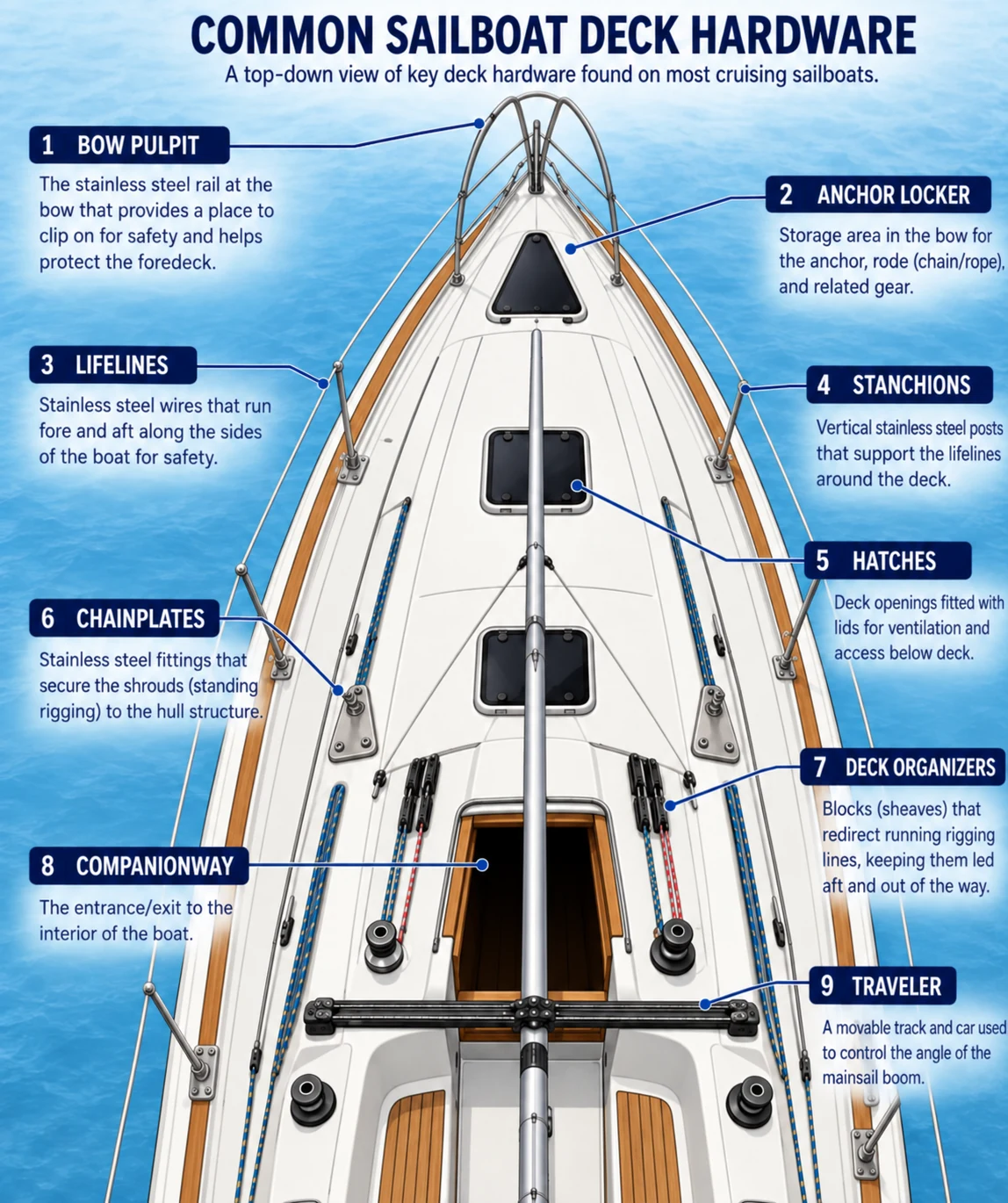 Top-down sailboat deck hardware diagram labeling the bow pulpit, anchor locker, lifelines, stanchions, hatches, chainplates, deck organizers, companionway, and traveler.