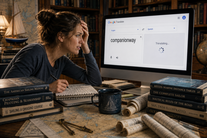 A beginner sailor studies sailing terminology at a computer while looking up the word "companionway" in a translation app. Nautical books, charts, and sailing references surround her in a library-like study, illustrating the challenge of learning unfamiliar sailing vocabulary.