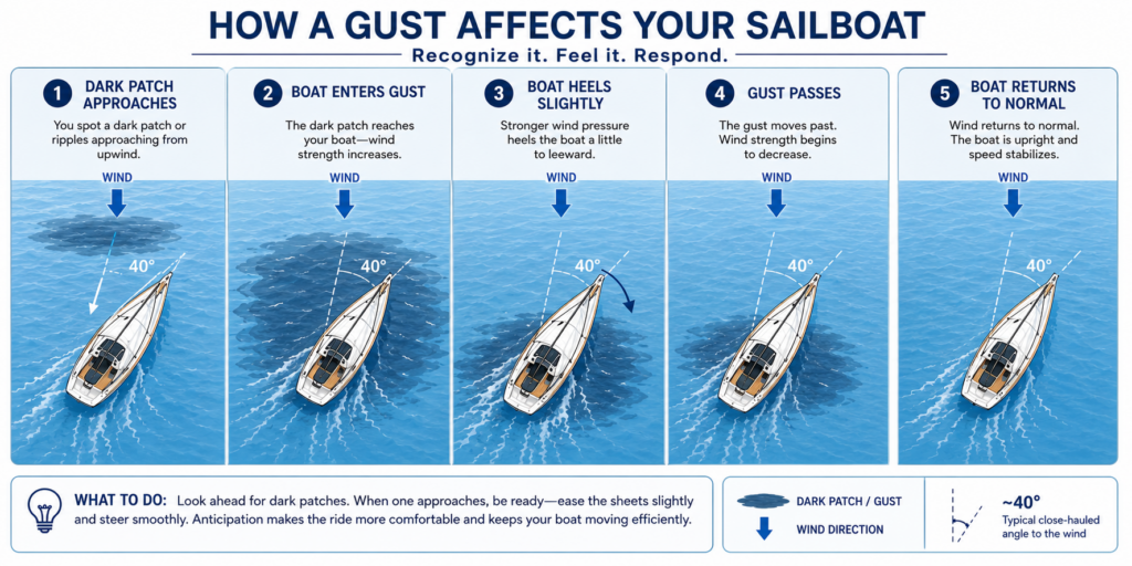 Five-panel vector sequence diagram showing a sailboat sailing approximately 40 degrees off the wind as a gust approaches, the boat enters the gust, heels slightly, the gust passes, and the boat returns to normal.