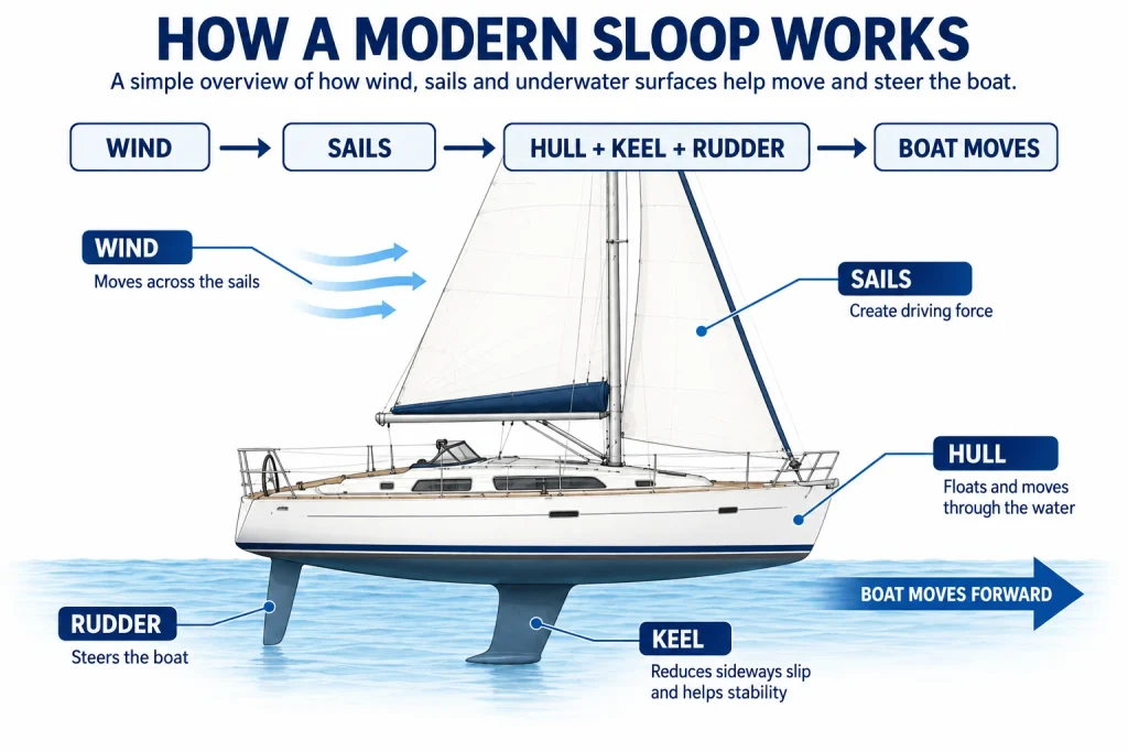 Modern sloop diagram showing how wind acts on the sails while the hull, keel and rudder help the sailboat move forward and steer.