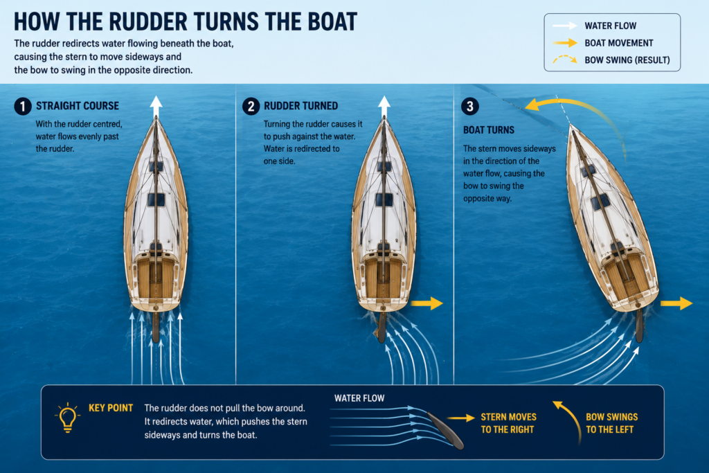 Top-down diagram showing how an angled sailboat rudder redirects water, causing the stern to move sideways and the bow to swing in the opposite direction.