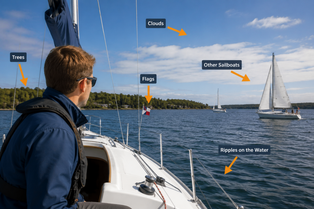 A beginner sailor scans the water for wind clues while labels identify flags, water ripples, trees, clouds, and other sailboats that reveal wind direction and strength.