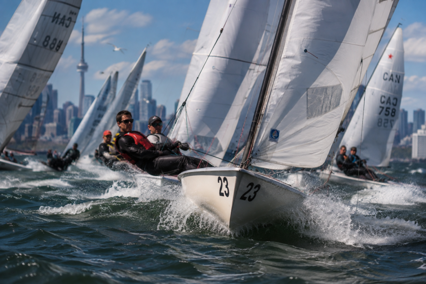 Photorealistic image of a two-person racing dinghy sailing toward the camera with both crew on trapeze as nearby sailboats on the opposite tack race past against a city skyline on a sunny, windy day.
