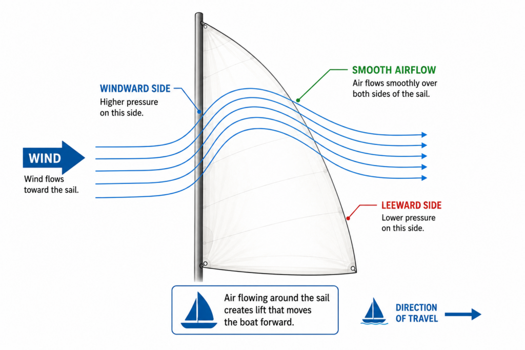 Educational sailing diagram showing smooth airflow over both sides of a mainsail. The illustration labels the windward side, leeward side, wind direction, smooth airflow, higher pressure, lower pressure, and the boat's direction of travel.
