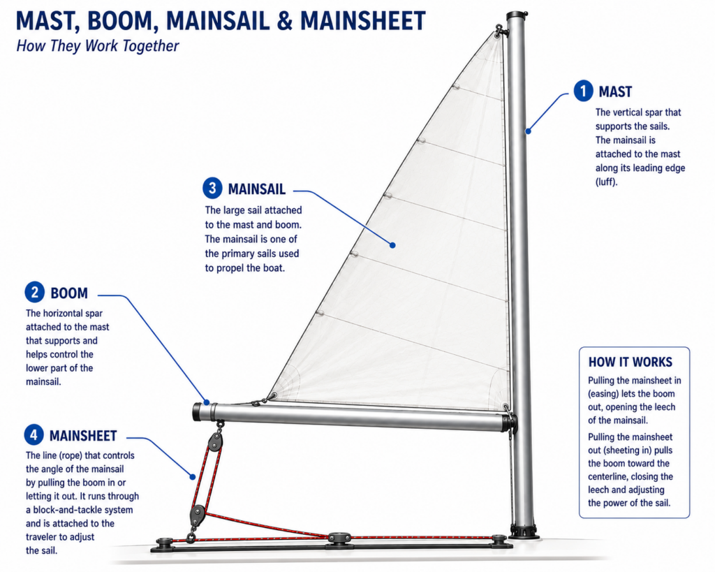 Diagram showing the mast, boom, mainsail and mainsheet on a sailboat and how they work together.