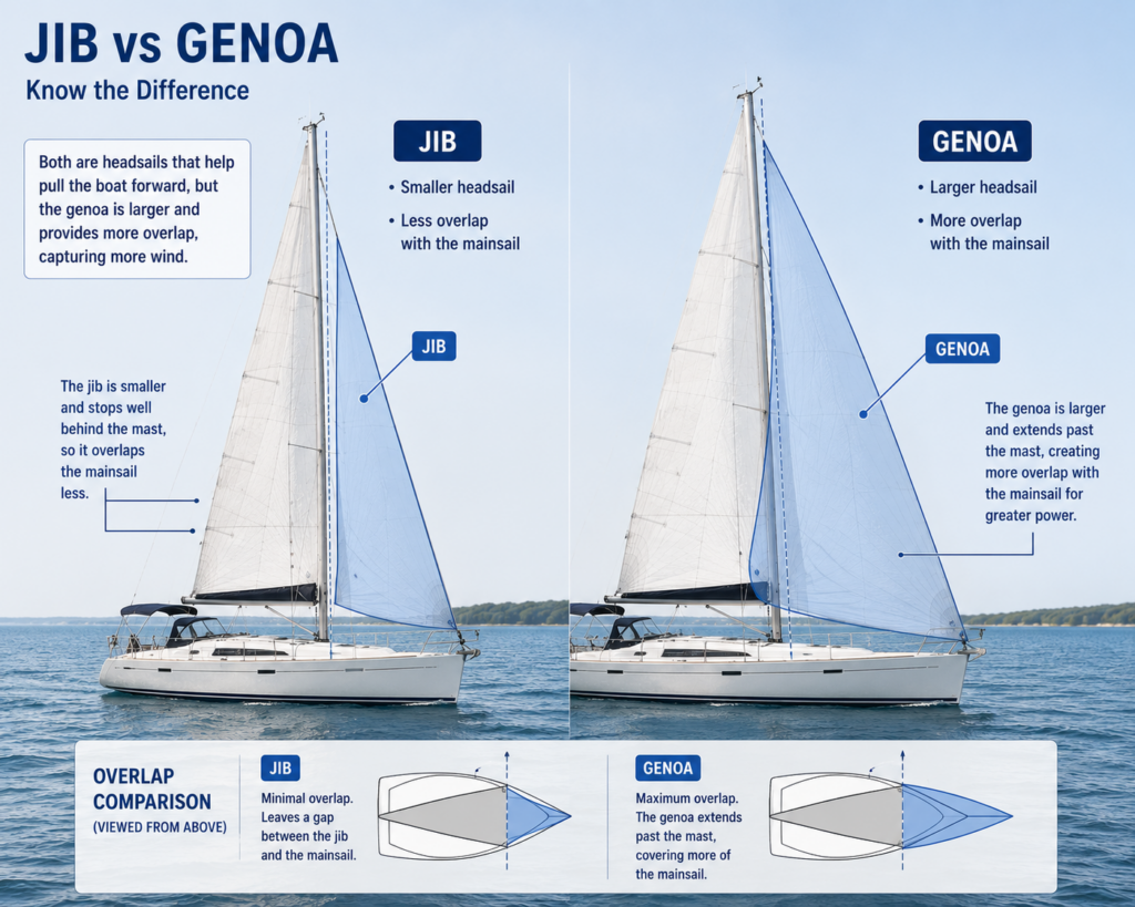 Jib vs genoa comparison showing the smaller jib and larger overlapping genoa on a cruising sailboat.