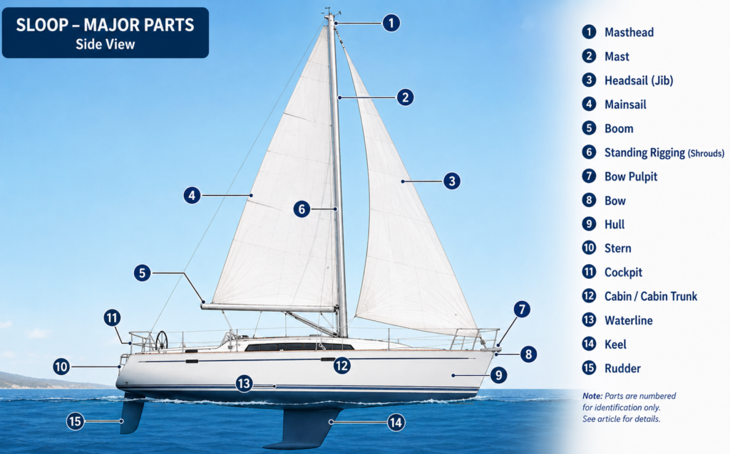 Labelled side-view diagram of a modern sloop sailboat identifying the masthead, mast, headsail, mainsail, boom, standing rigging, bow pulpit, bow, hull, stern, cockpit, cabin, waterline, keel, and rudder.