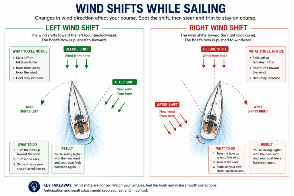 Top-down instructional diagrams comparing a left wind shift and a right wind shift on a sailboat, showing the original wind direction, the shifted wind direction, and how the skipper should respond while maintaining approximately a 40-degree close-hauled course.