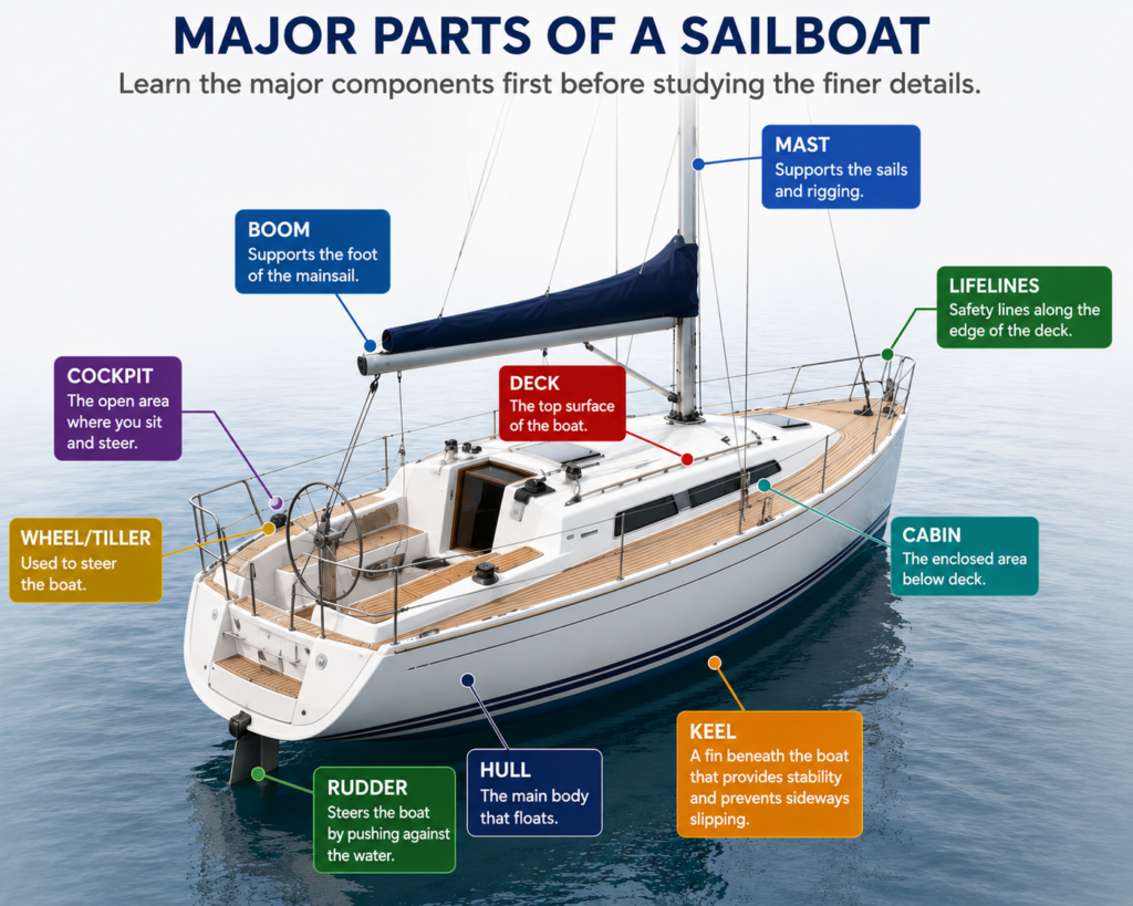 basic sailing terminology Labelled sailboat diagram identifying the hull, deck, cockpit, cabin, mast, boom, keel, rudder, wheel or tiller, and lifelines to help beginner sailors learn the major parts of a sailboat.