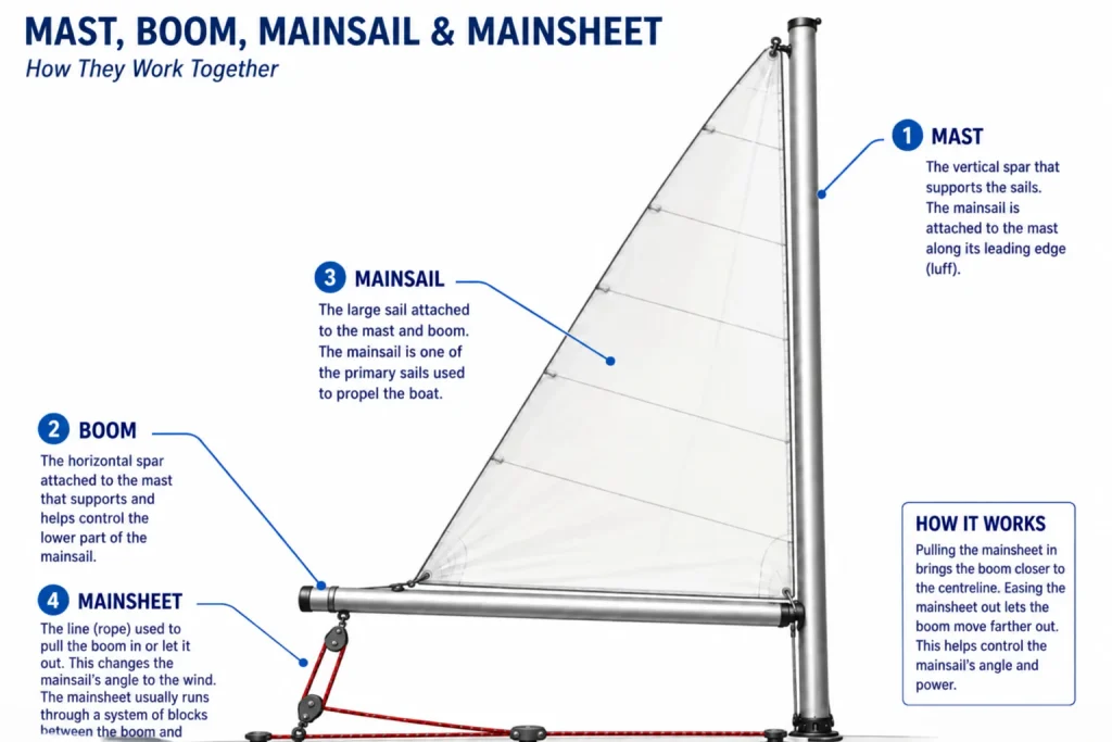 Diagram showing a sailboat mast, boom, mainsail and red mainsheet system, with labels explaining how the parts work together.