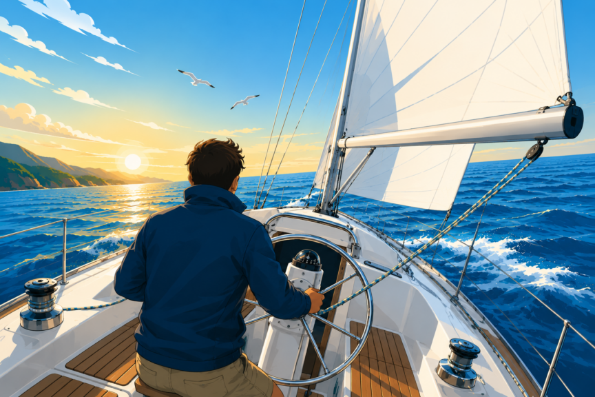 Vector illustration of a sailor steering a modern sailboat across open water with full sails at sunset, representing beginner sailboat steering.