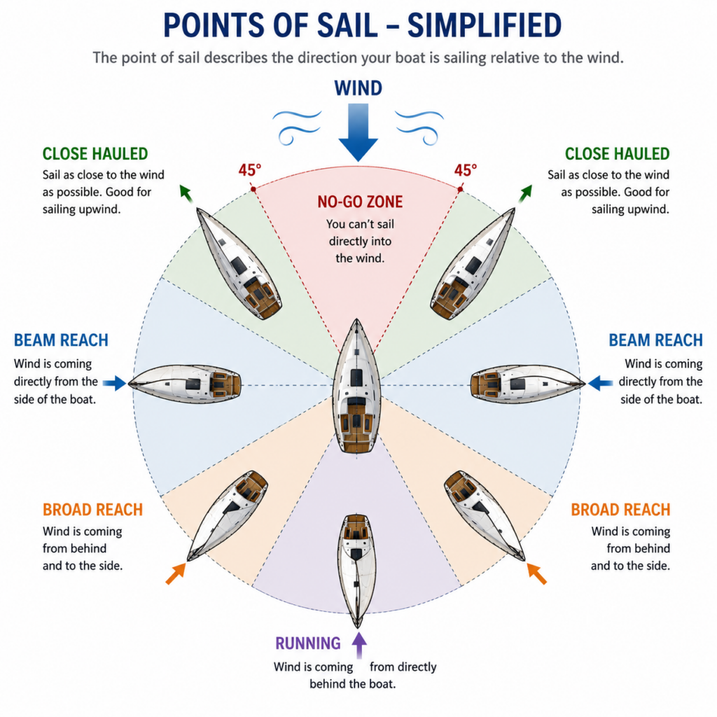 Simplified points of sail diagram showing the no-go zone, close hauled, beam reach, broad reach, and running in relation to the wind, with top-down views of a sailboat at each point of sail.