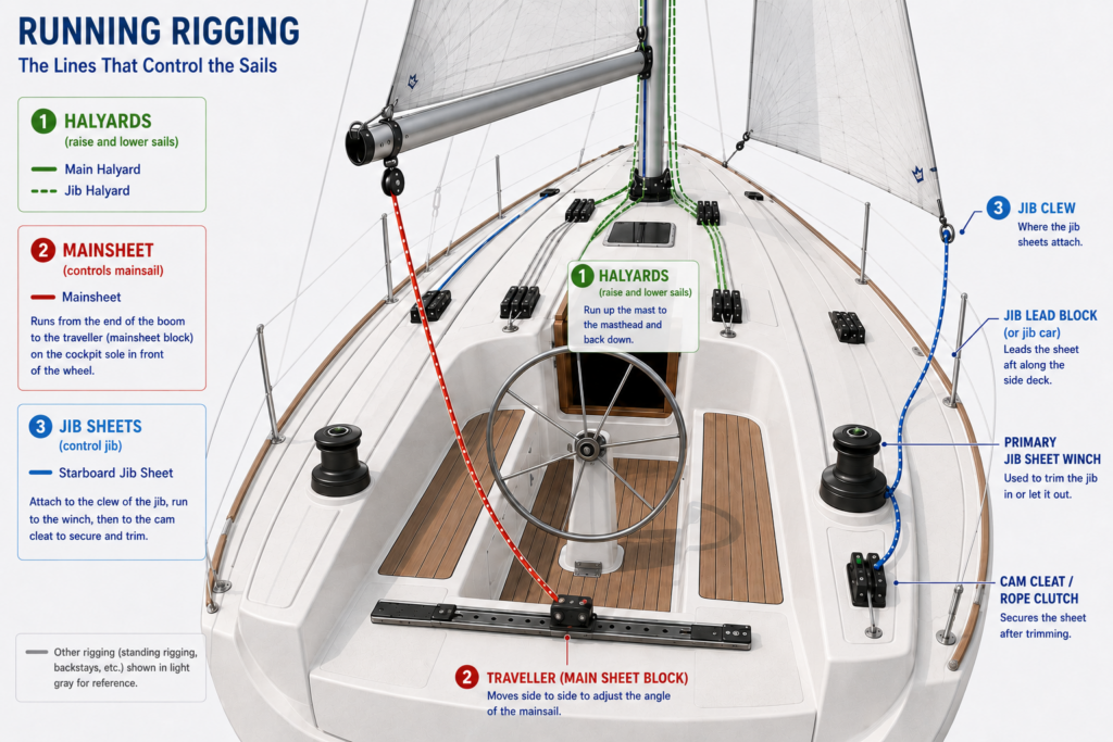 Beginner sailboat running rigging diagram showing halyards, mainsheet, traveller, starboard jib sheet, jib clew, winch and cam cleat.