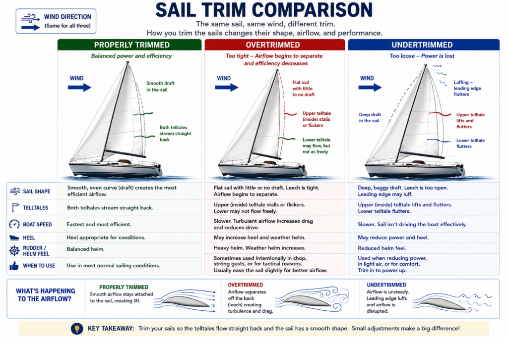 Educational infographic comparing properly trimmed, overtrimmed, and undertrimmed mainsails under identical wind conditions. The diagram shows differences in sail shape, airflow, telltales, heel, helm feel, boat speed, and when each trim condition occurs as one learns how to sail a sailboat.