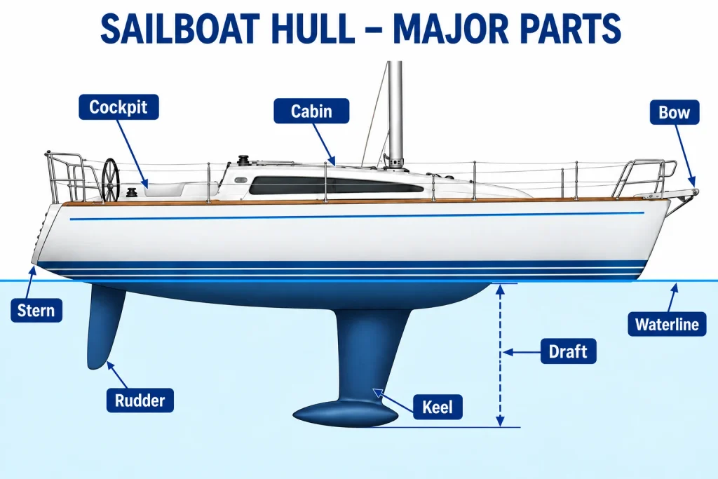 Side-view sailboat diagram identifying the cockpit, cabin, bow, stern, rudder, keel, waterline and vertical draft measurement.
