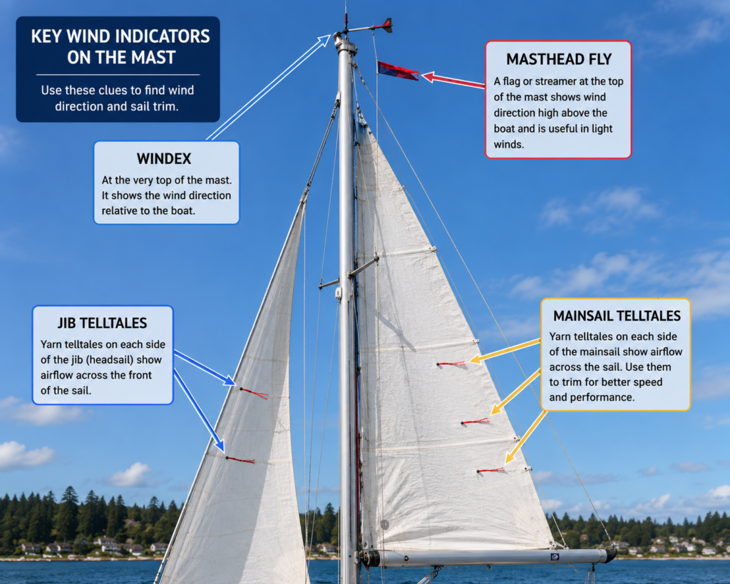 Labelled sailboat mast showing a Windex mounted at the masthead, a masthead fly, jib telltales on the headsail, and mainsail telltales used to indicate wind direction and airflow.