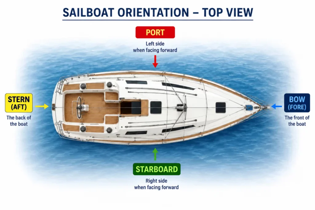 Top-view sailboat orientation diagram labeling port in red, starboard in green, bow in blue, and stern in yellow.