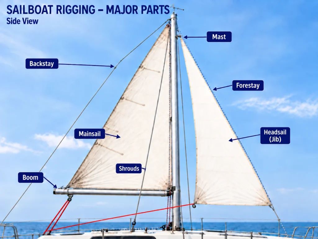 Side-view sailboat rigging diagram showing the mast, backstay, forestay, shrouds, boom, mainsail and headsail, with red control lines running toward the cockpit.