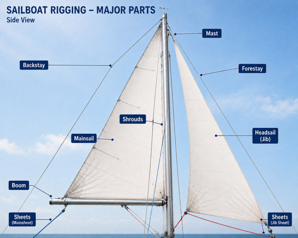 Sailboat rigging diagram showing the mast, boom, mainsail, jib, forestay, backstay, shrouds, mainsheet and jib sheet.