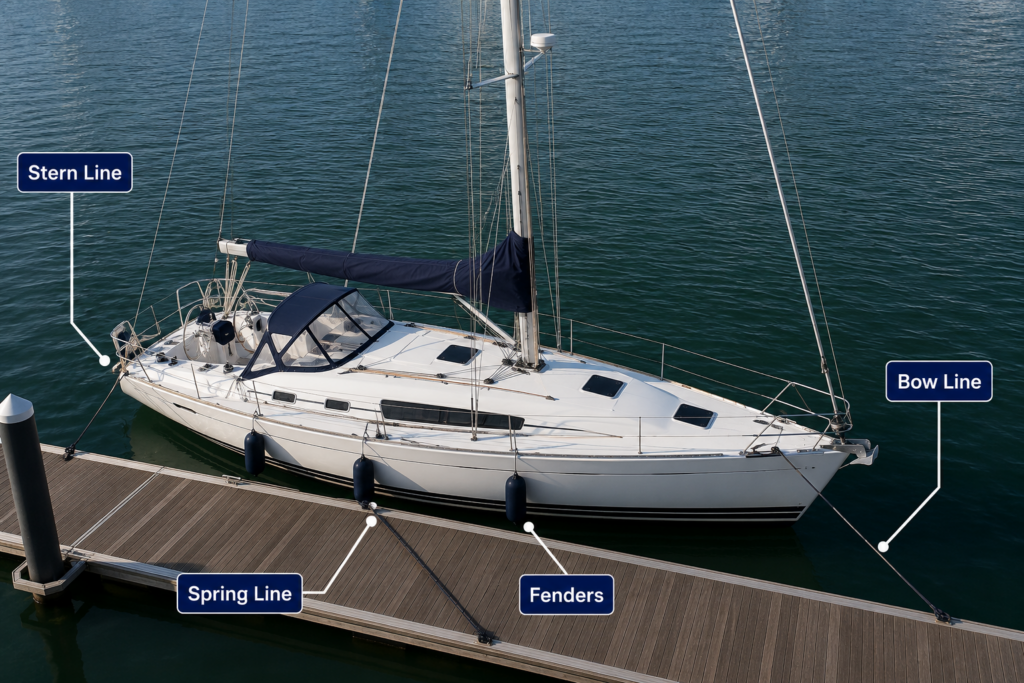 High-angle photograph of a sailboat secured alongside a dock with labelled bow line, stern line, spring line, and fenders, showing the correct placement of docking lines and fenders.