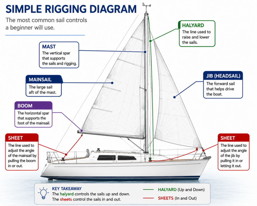 Beginner sailboat rigging diagram labeling the mast, boom, mainsail, jib, halyard, and sheets, showing the most common sail controls used when sailing.