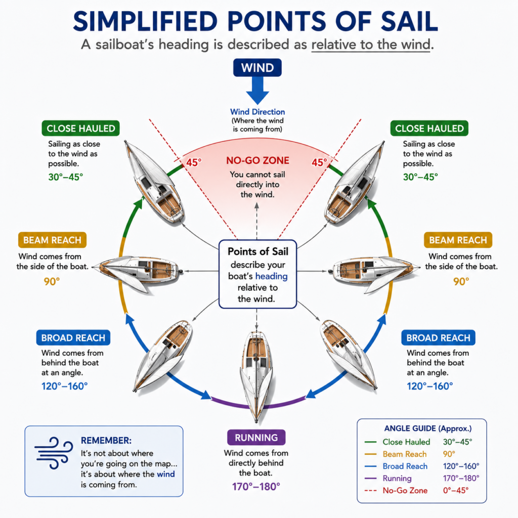 Simplified points of sail diagram showing the no-go zone, close hauled, beam reach, broad reach, and running, illustrating how a sailboat's heading is described relative to the wind.