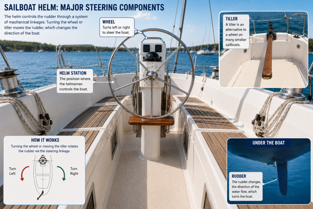 Illustrated sailboat helm showing the cockpit steering system with a wheel, tiller, rudder, and helm station labelled for beginner sailors.