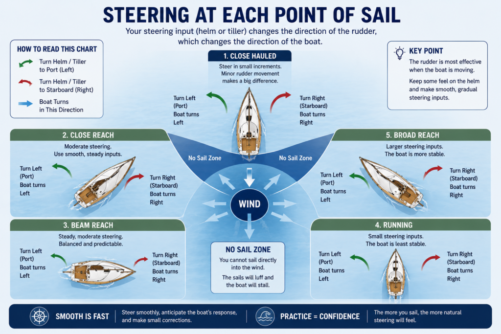 Top-down sailboat diagrams showing steering on the five points of sail with arrows indicating helm inputs and boat direction relative to the wind.