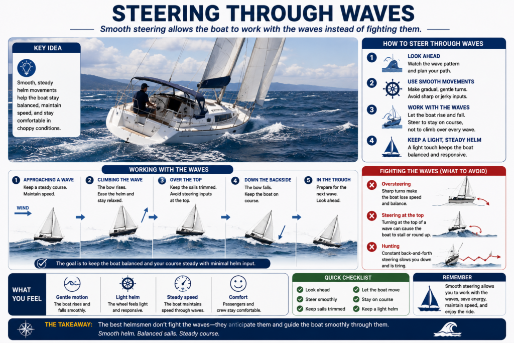 Educational sailing diagram showing a sailboat steering through waves using smooth helm movements, demonstrating how gentle steering allows the boat to work with the waves instead of fighting them.