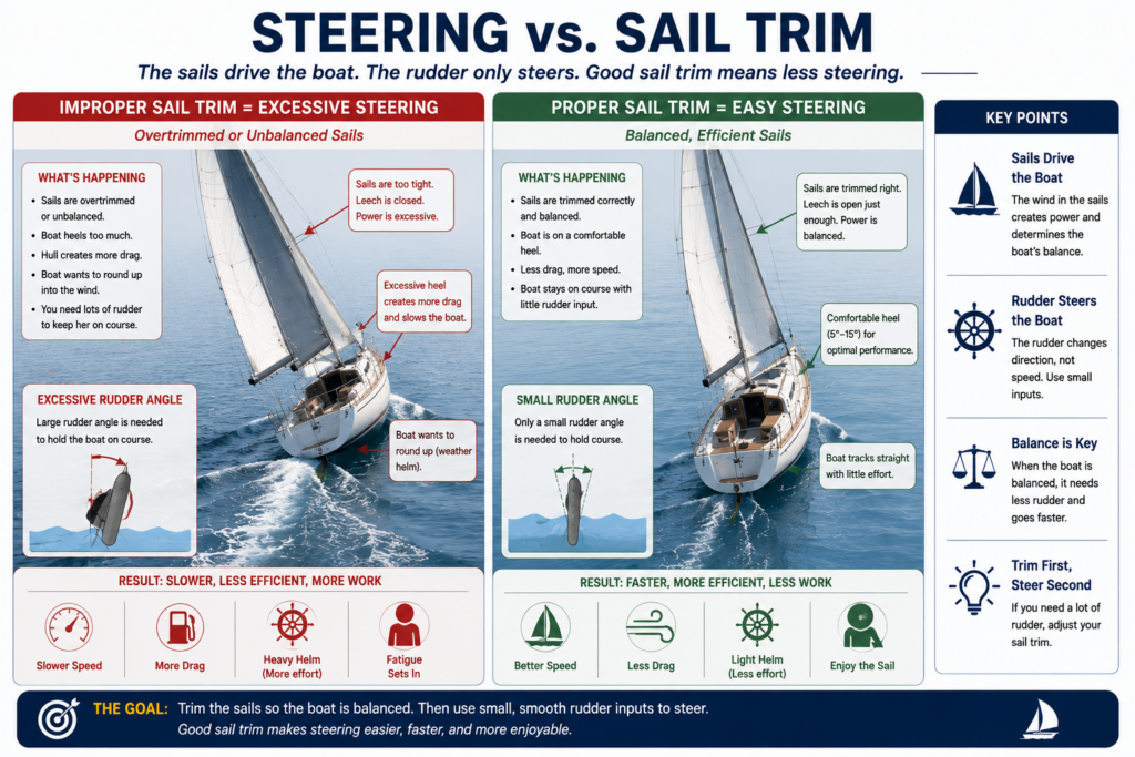 Comparison diagram showing a sailboat with excessive rudder angle caused by poor sail trim beside a properly trimmed sailboat requiring only small rudder movements to maintain course.