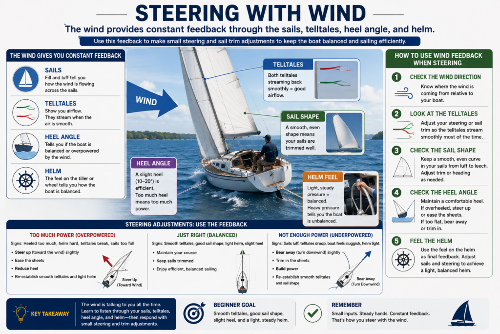 Instructional sailing diagram showing how beginner sailors use wind direction, telltales, sail shape, heel angle, and helm feel to steer a sailboat efficiently and maintain proper balance.