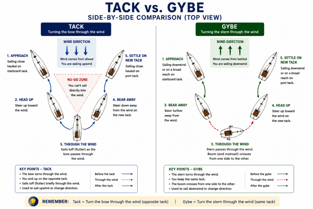 Top-view sailing diagram comparing a tack and a gybe. The infographic shows wind direction, boat positions, turning sequence, and explains the difference between turning the bow through the wind during a tack and turning the stern through the wind during a gybe.