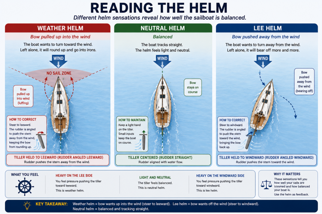 Educational sailing diagram comparing weather helm, neutral helm, and lee helm with top-down sailboat illustrations showing how each condition affects boat balance, rudder correction, and steering direction relative to the wind.