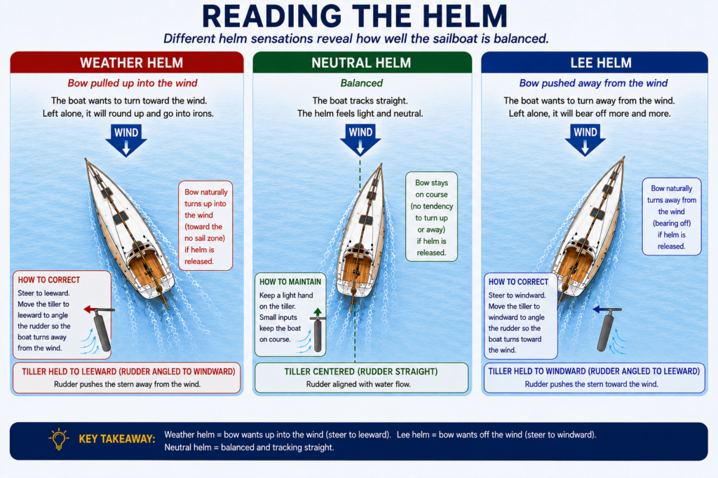Educational infographic comparing weather helm, neutral helm, and lee helm with top-down sailboat diagrams showing each boat's natural turning tendency, tiller position, rudder correction, and helm balance relative to the wind.