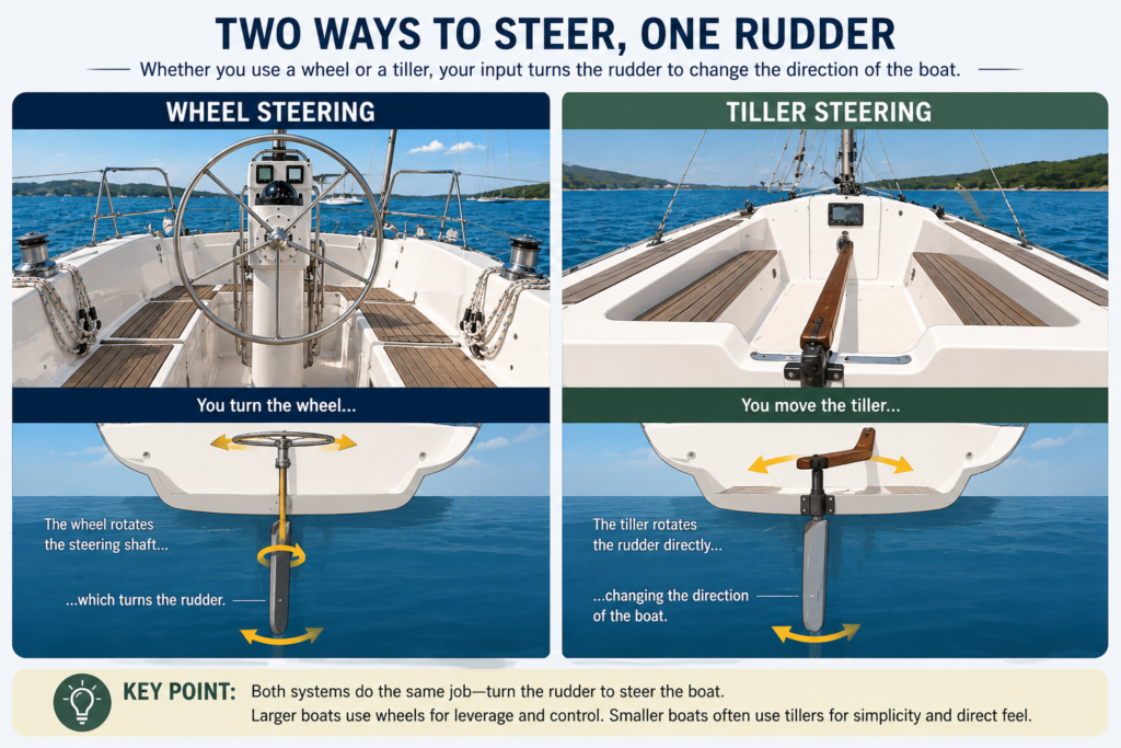 Side-by-side comparison of wheel steering and tiller steering showing how both systems turn a sailboat rudder to change the boat's direction.