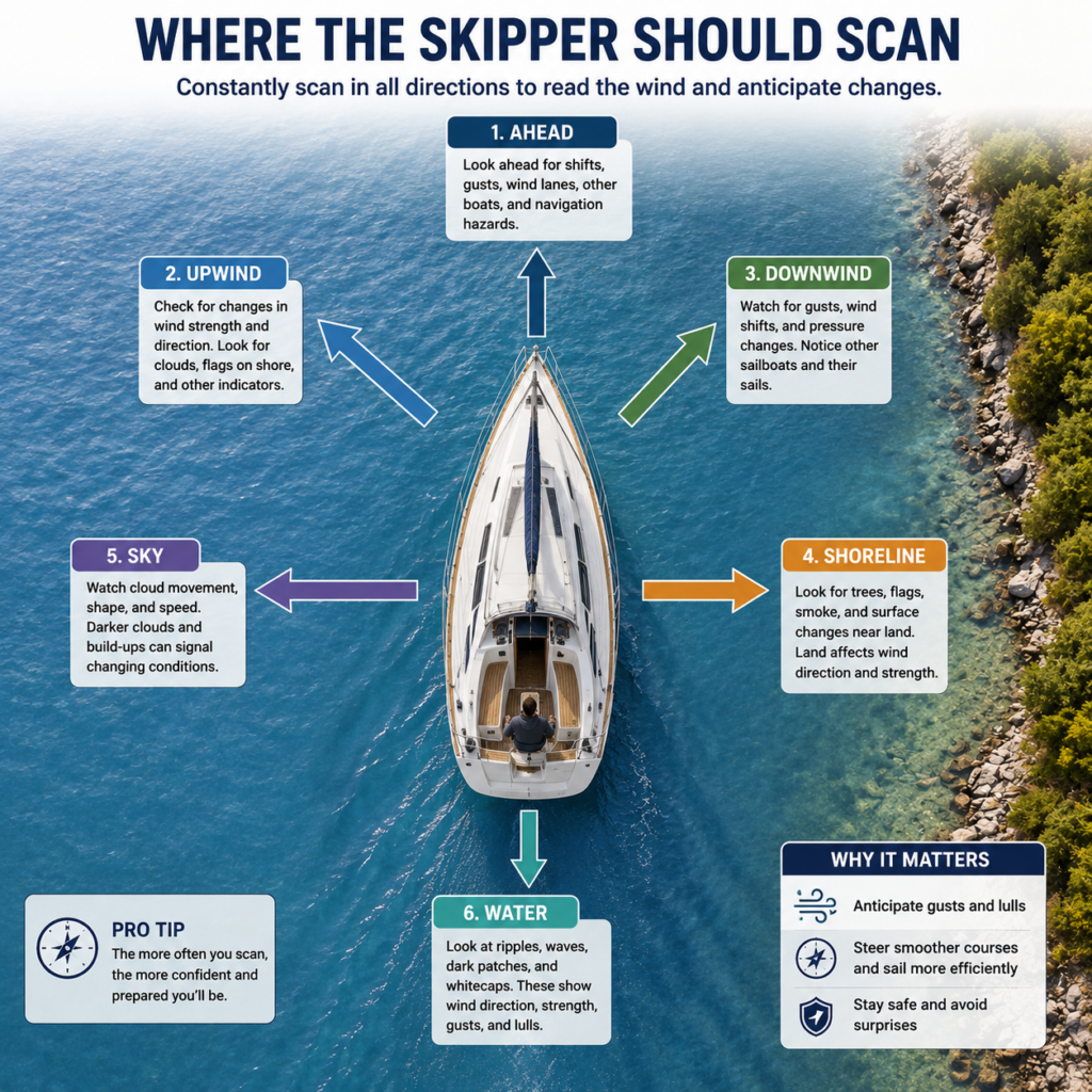 Top-down diagram of a sailboat showing where the skipper should scan for wind clues, including ahead, upwind, downwind, the shoreline, the sky, and the water.