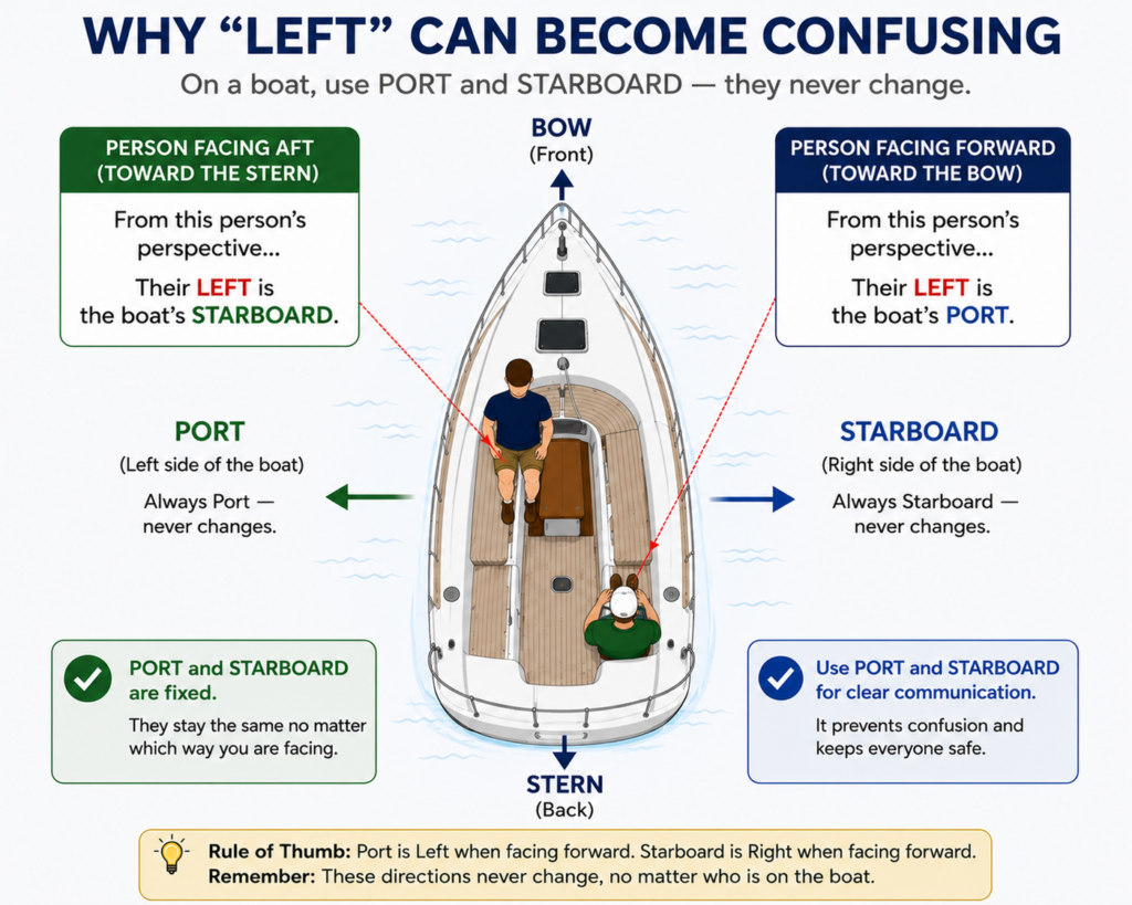 Top-down sailboat diagram showing two people facing opposite directions to demonstrate why left and right change with perspective while port and starboard always remain fixed.