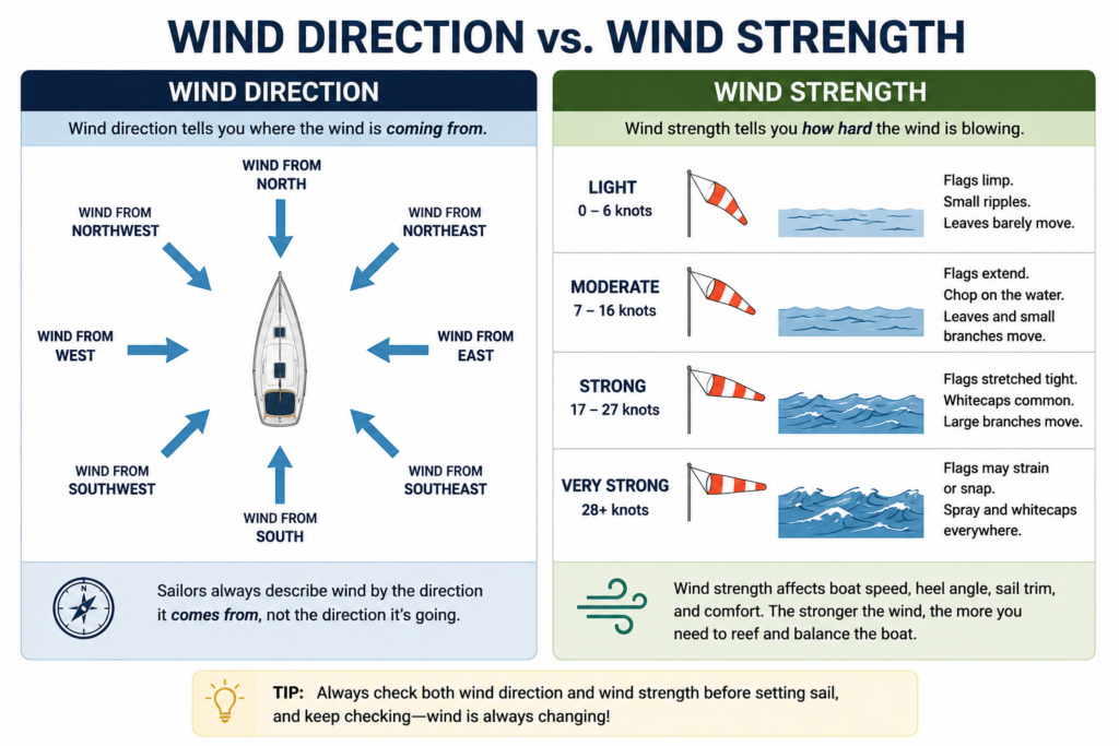 Educational infographic comparing wind direction and wind strength, showing that wind direction identifies where the wind comes from while wind strength measures how hard the wind is blowing using windsocks, water conditions, and a sailboat diagram.