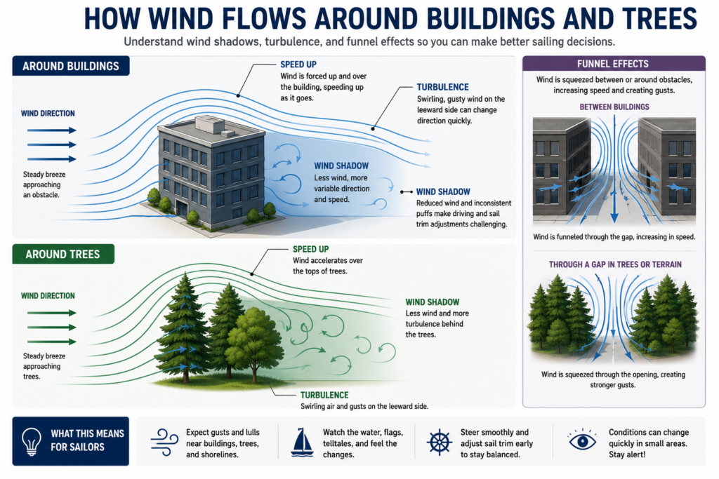 Educational diagram showing how wind flows around buildings and trees, creating wind shadows, turbulence, and funnel effects that affect sailboat handling near shore.