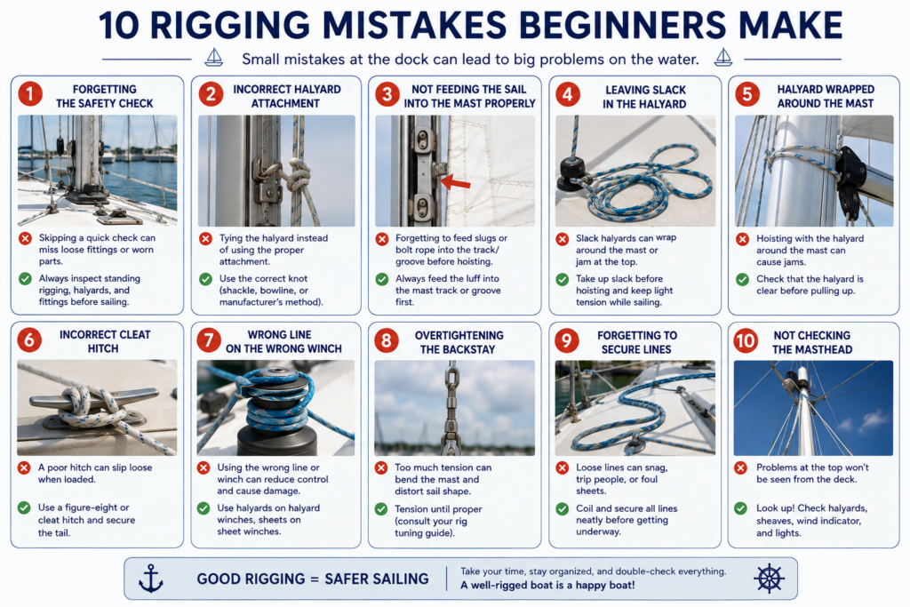 Infographic showing ten common sailboat rigging mistakes beginners make, including skipped safety checks, incorrect halyard attachment, improper sail feeding, slack halyards, wrapped halyards, poor cleat hitches, incorrect winch use, excessive backstay tension, unsecured lines, and failing to inspect the masthead.
