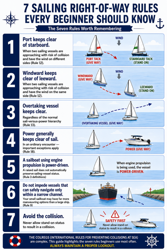 Infographic showing seven sailing right-of-way rules for beginners, including port versus starboard tack, windward versus leeward, overtaking, power versus sail, narrow channels, and collision avoidance.