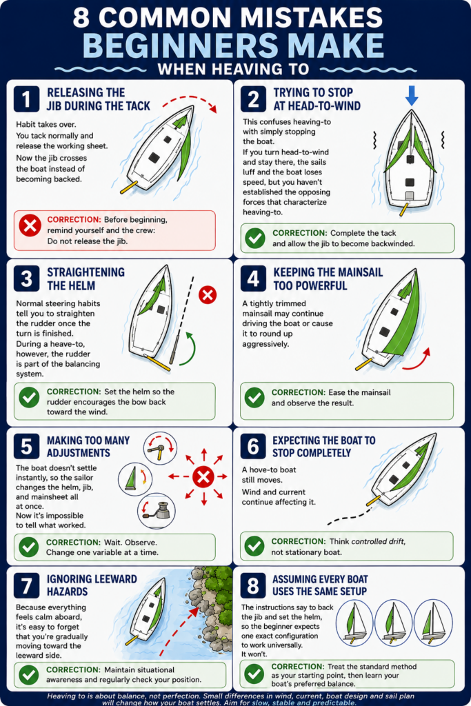 Infographic showing eight common heaving-to mistakes beginners make, including releasing the jib, straightening the helm, and ignoring leeward hazards.